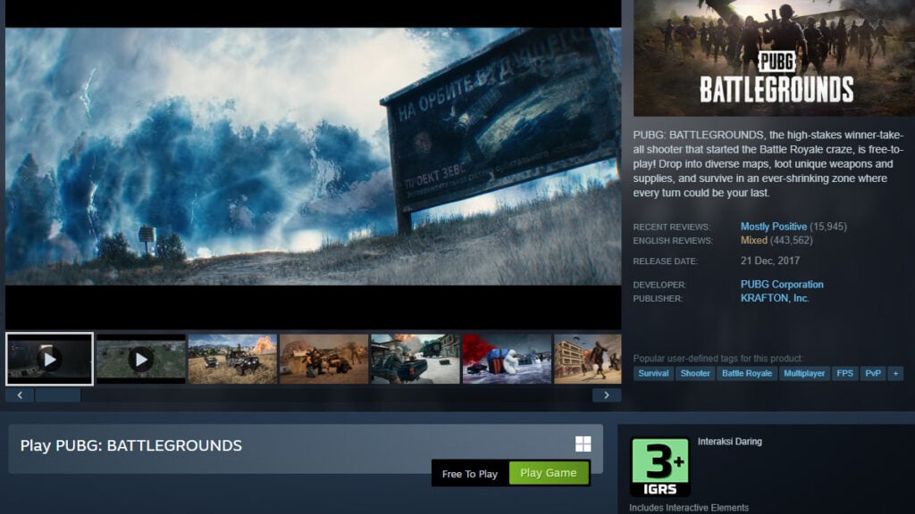 PUBG dapat rating 3 tahun